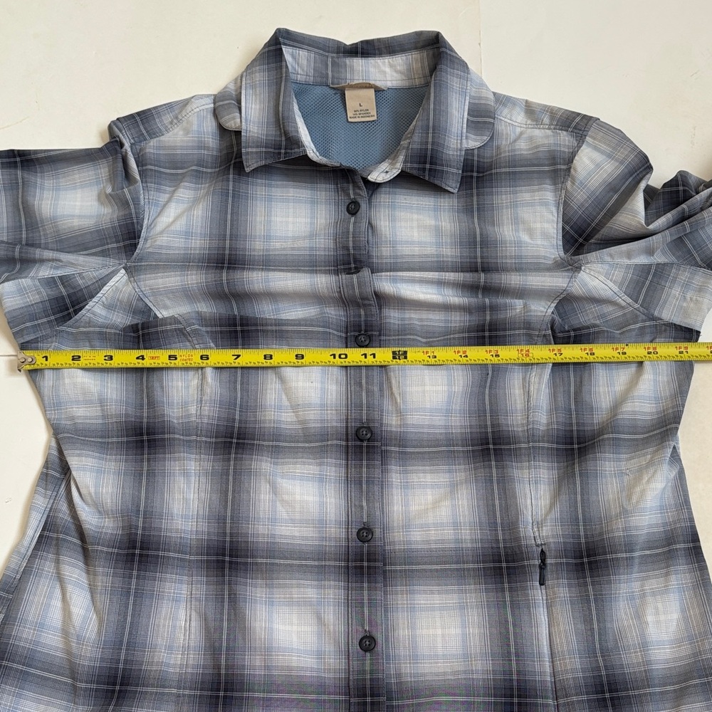 Ladies Duluth Trading Quick Dry Sun Protection Blue/Gray Plaid Shirt Size L - Picture 10 of 11